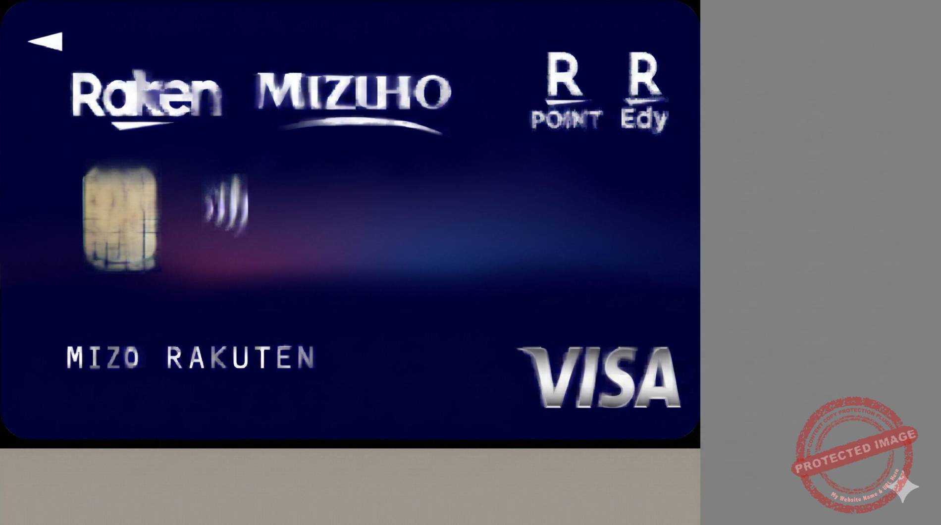 Mizuho Rakuten Card — Mizuho navy + Rakuten crimson dual-tone card