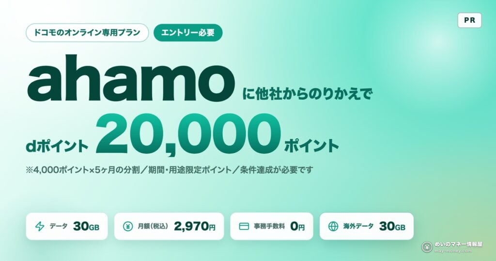 ahamo に他社からのりかえで dポイント20,000ポイント 4,000ポイント×5ヶ月の分割 期間・用途限定 データ30GB 月額2,970円税込 事務手数料0円 海外データも30GB
