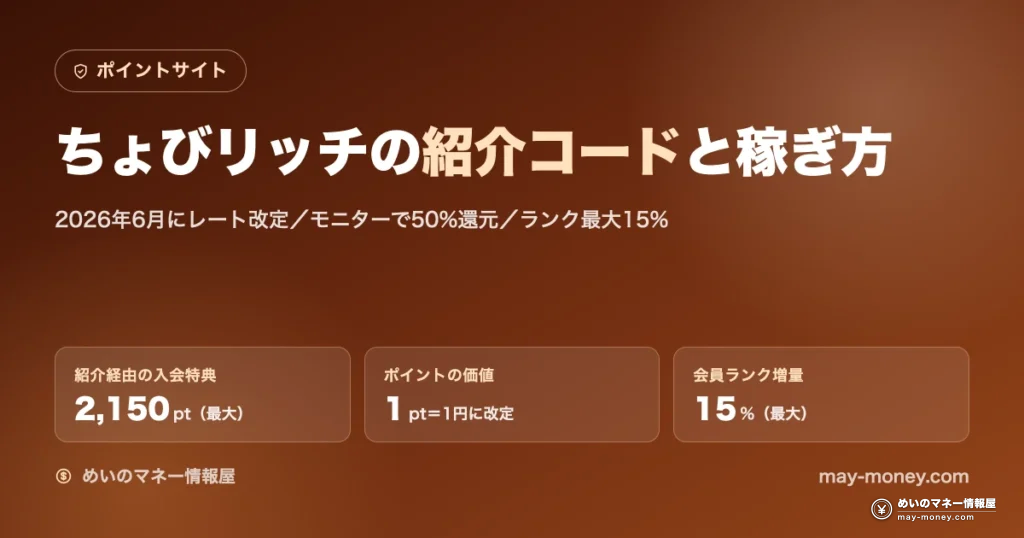 ちょびリッチの紹介コードと稼ぎ方。入会特典最大2,150pt、1pt＝1円に改定、会員ランク増量最大15%