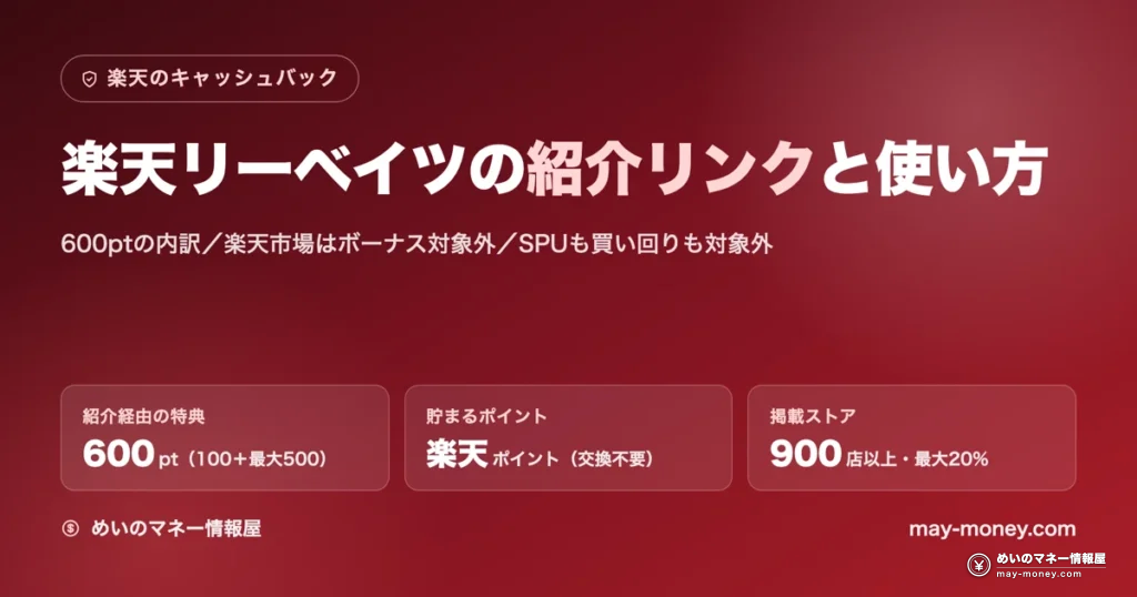 楽天リーベイツの紹介リンクと使い方。600ptの内訳、楽天市場はボーナス対象外、SPUも買い回りも対象外