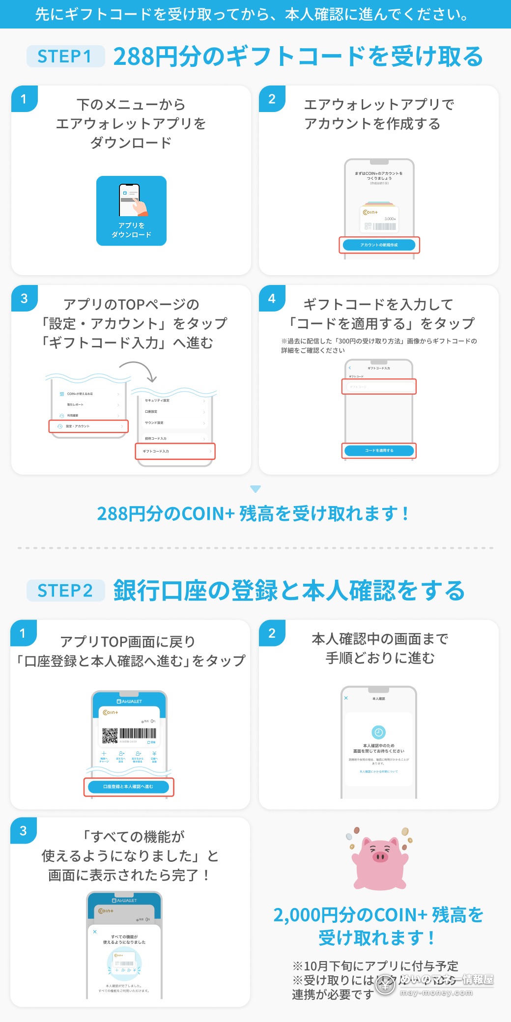 AirWallet 9月特典总整理|4 条路线与最高 8,840 日元 4 LAWSON×AirWallet 官方步骤图。STEP1 领取 288 日元的礼品码,STEP2 完成银行账户登记与实名认证就能拿到 2,000 日元的 COIN+ 余额