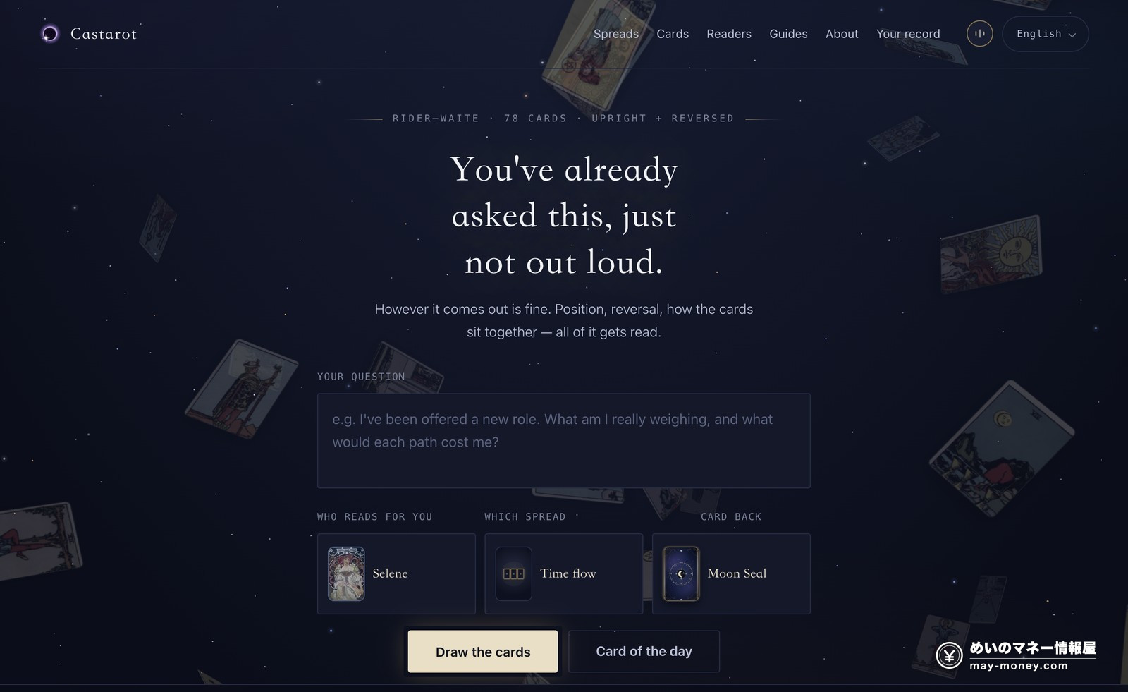 Castarot review: the AI tarot that remembers your last spread (free, no signup) 1 The Castarot home page: a single question box, plus pickers for reader, spread and card back