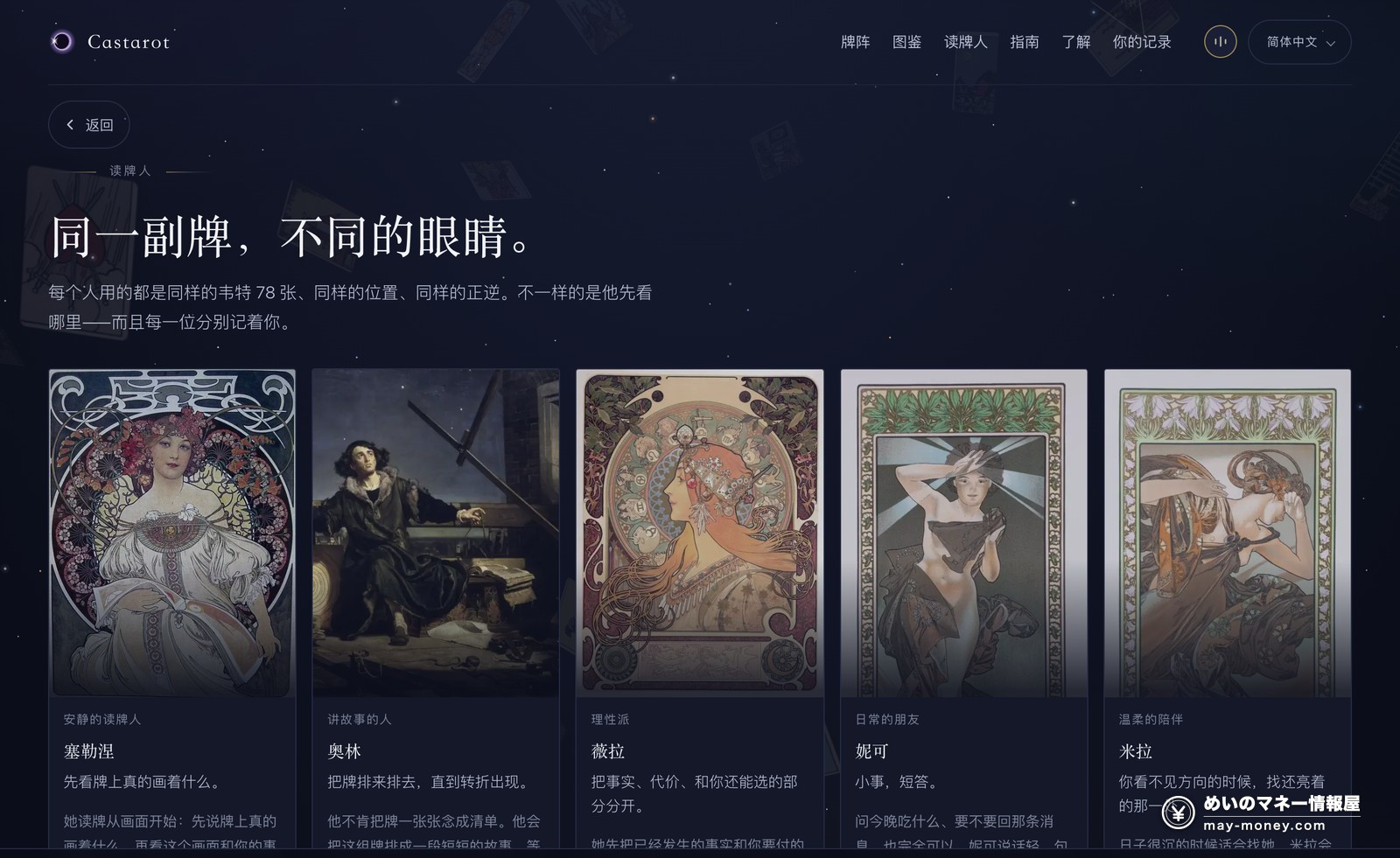 Castarot 中文版读牌人页面，每位都有立绘和读法说明