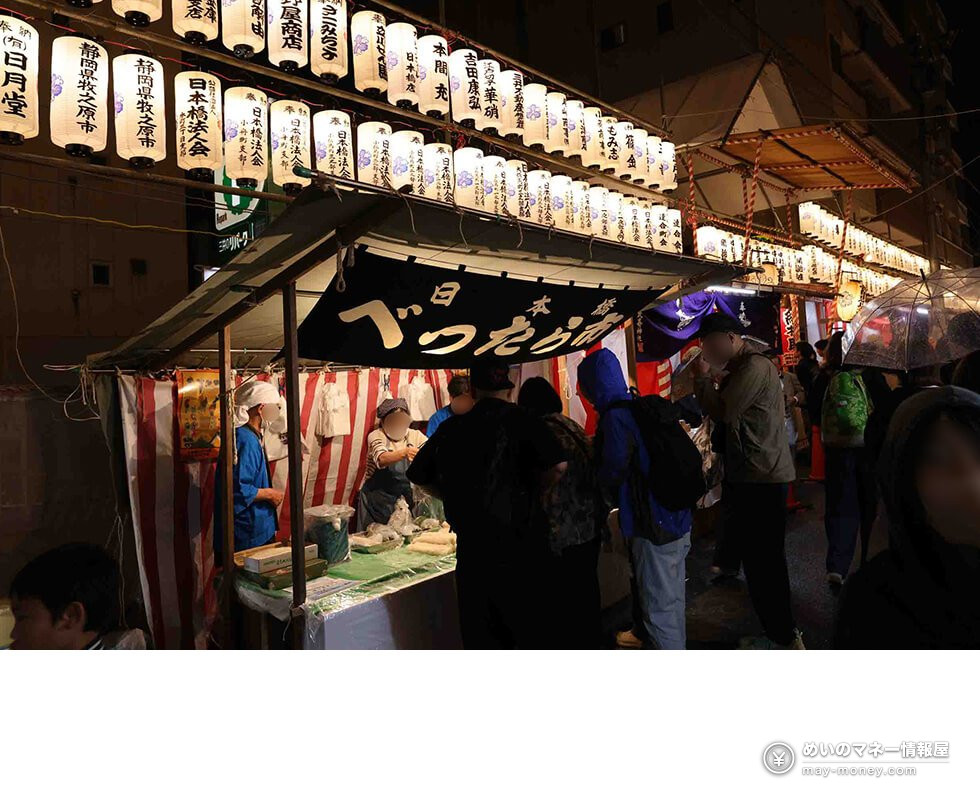 Crowds and stalls under rows of lanterns at Nihonbashi Bettara-ichi at night