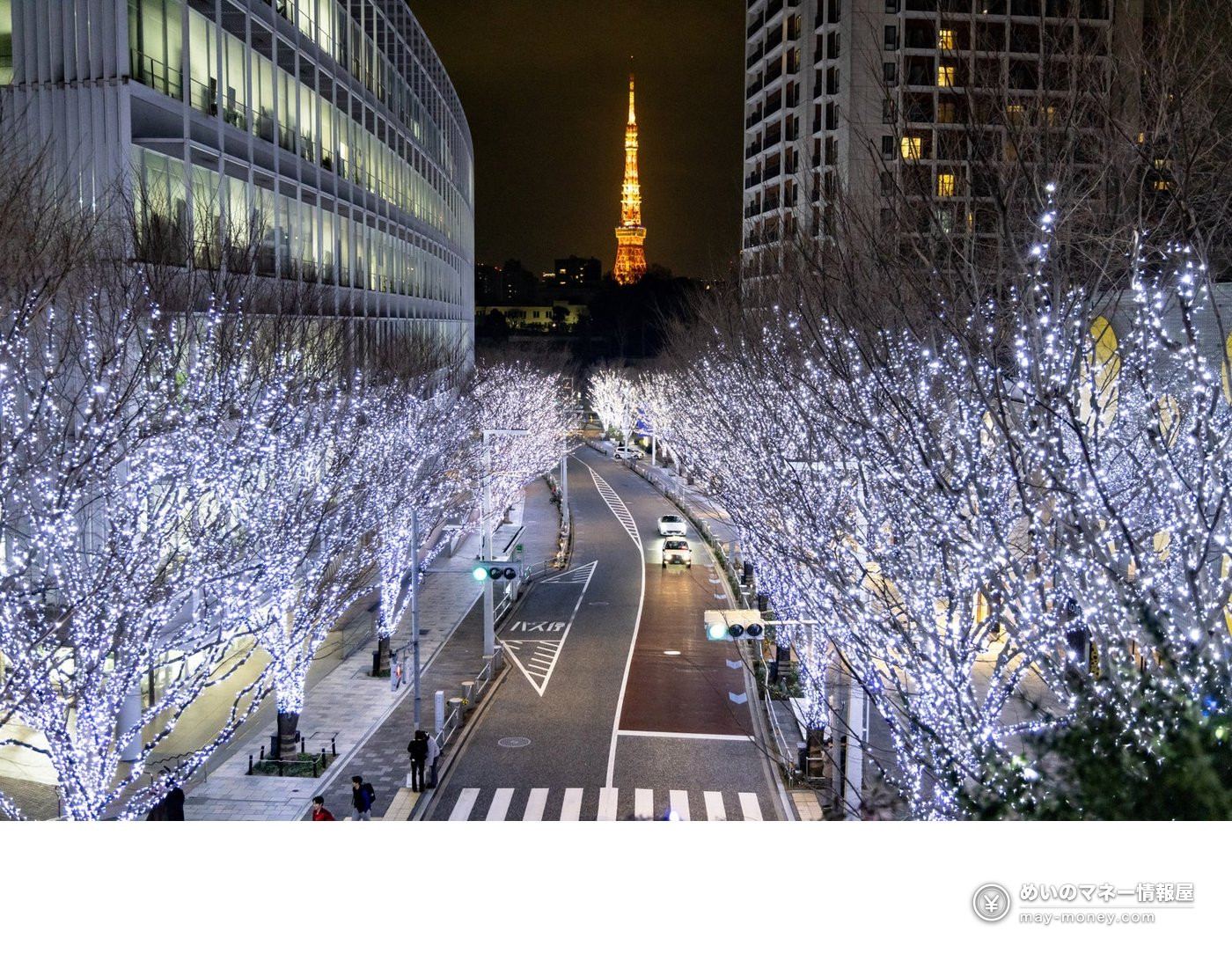 Elevated view of the illuminated avenue and road leading toward Tokyo Tower at night