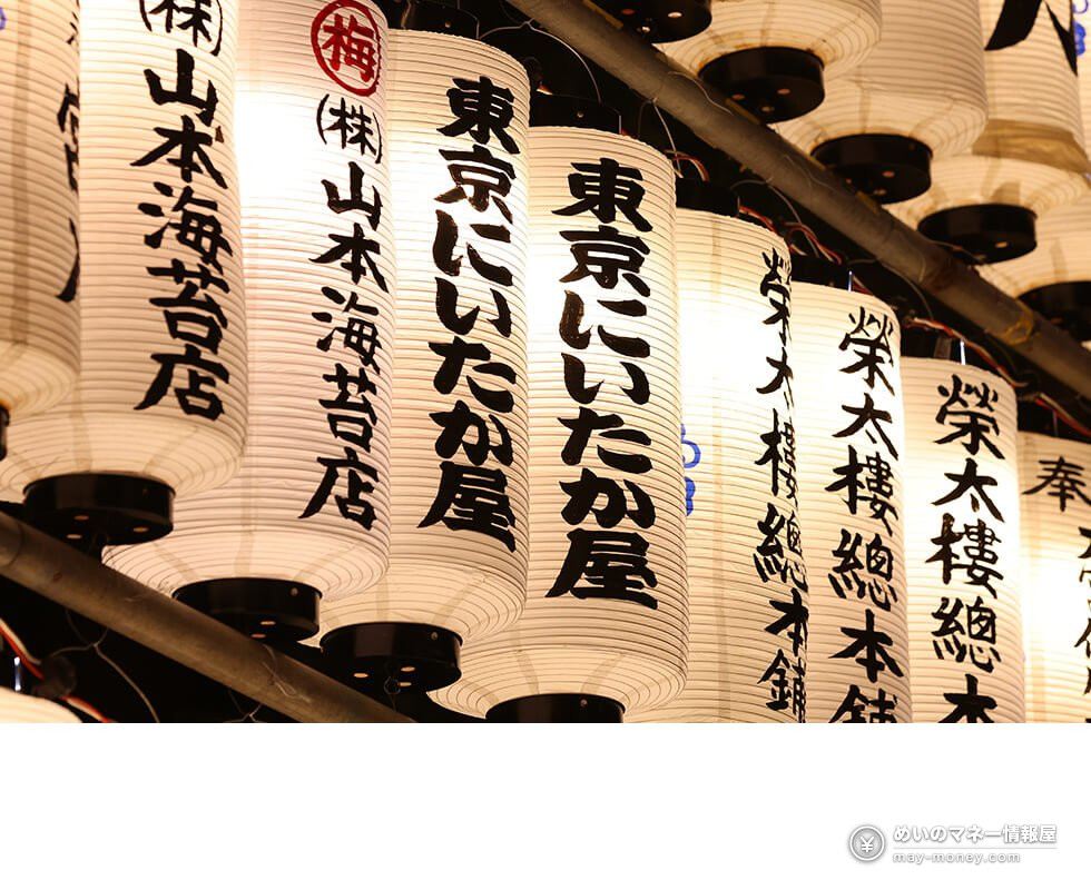 Close-up of white paper lanterns with shop names written in ink, including Tokyo Niitakaya