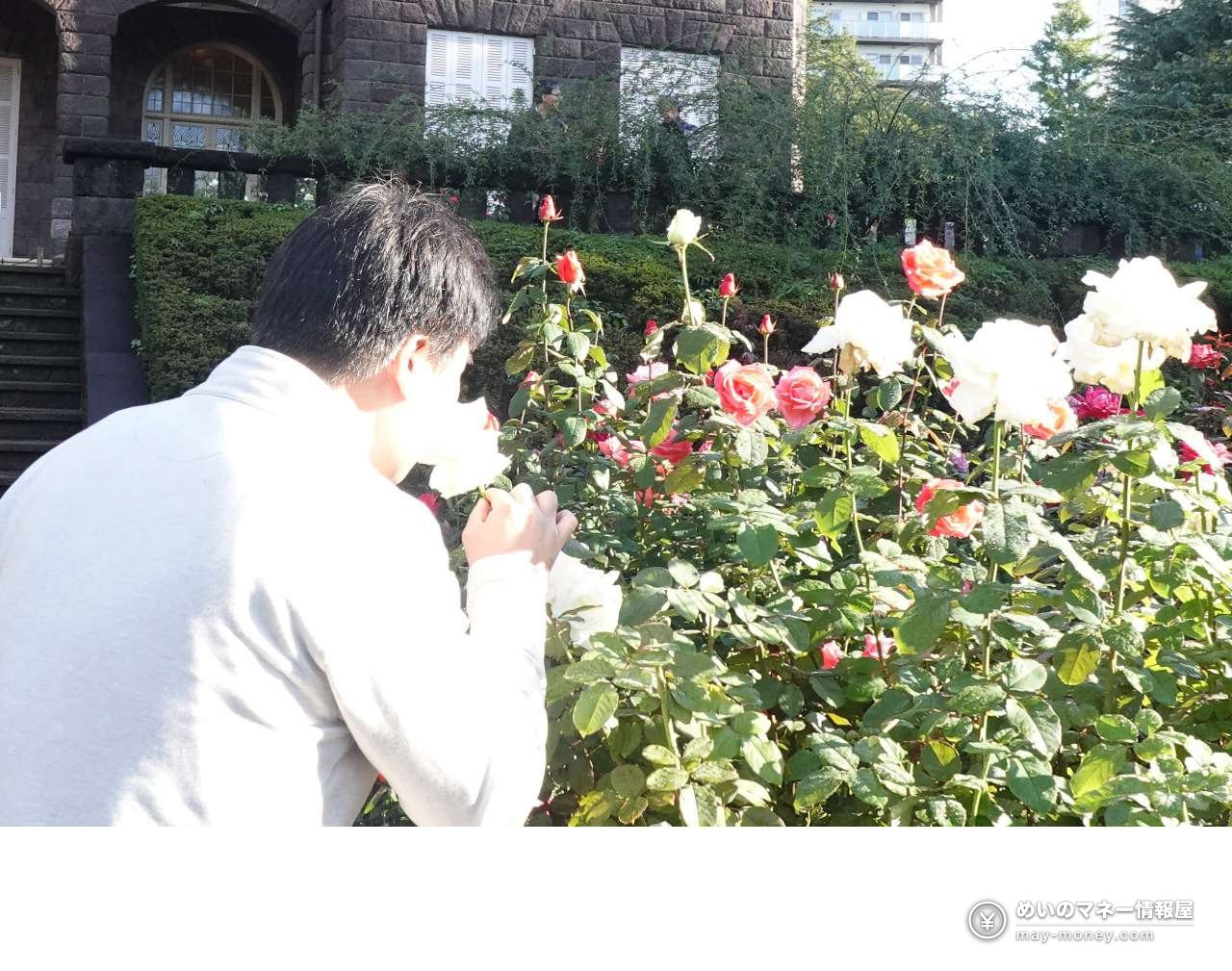 在洋馆前凑近闻玫瑰香气的参观者