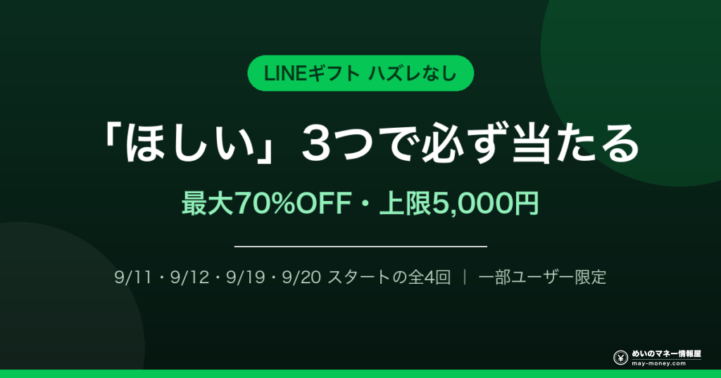 LINEギフト最大70%OFFのくじは全4回|金券・商品券には使えません 12 LINEギフト「ほしいポチッとくじ」最大70%OFFクーポンのアイキャッチ