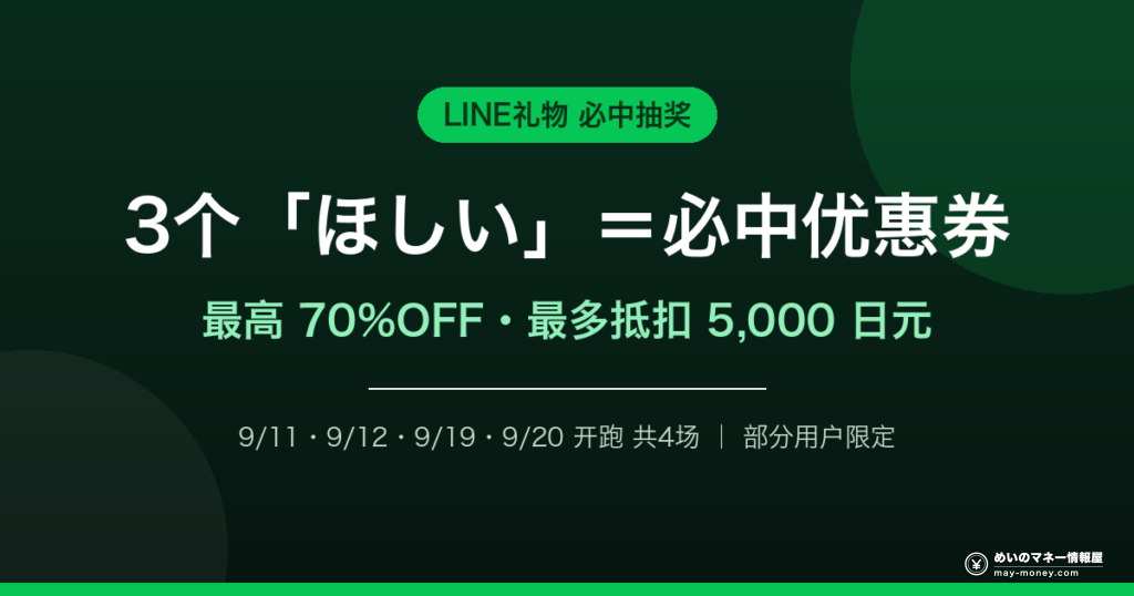 LINE礼物「ほしいポチッとくじ」必中最高70％OFF优惠券