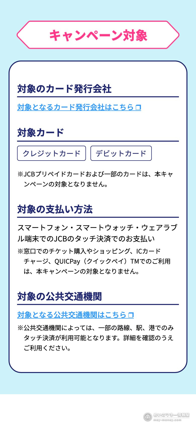 JCB官方活动页的活动对象栏：对象卡为信用卡和借记卡，对象支付方式为智能手机・智能手表・可穿戴设备上的JCB触碰支付，窗口购票、购物、IC卡充值和QUICPay不在对象内