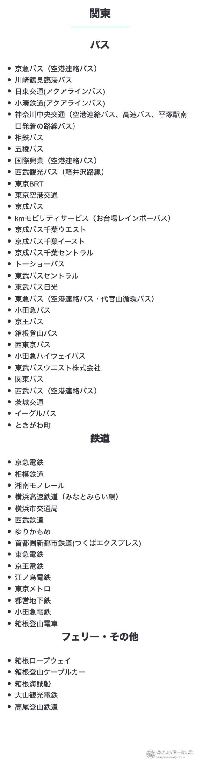 JCB官方对象公共交通一览的关东部分，列有东京Metro、都营地铁、东急电铁、京王电铁、小田急电铁、西武铁道等铁路和多家巴士公司