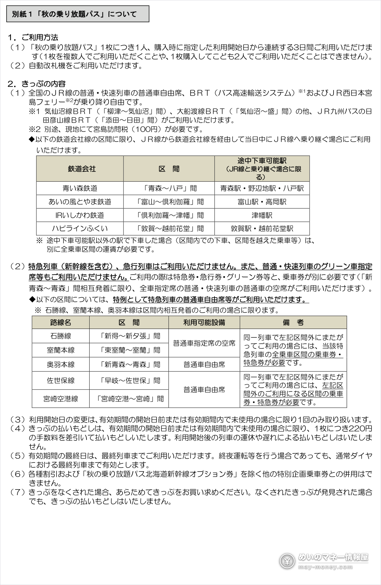 「秋の乗り放題パス」官方新闻稿别纸1：使用方法、可搭乘列车、第三方铁道通过区间表、特急特例区间表、退票与变更规则