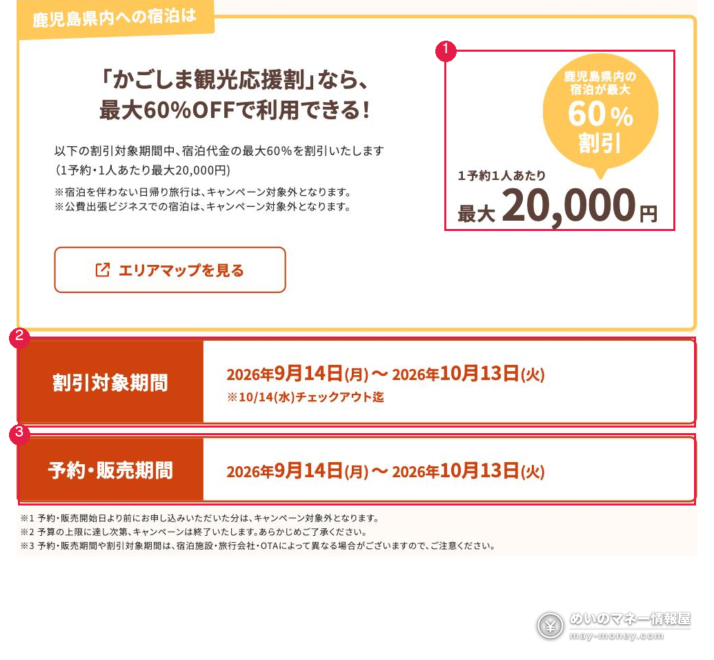 鹿儿岛县官网「かごしま観光応援割」页面：最高60%OFF、每次预约每人上限20,000日元、折扣对象期间与预约销售期间均为2026年9月14日至10月13日