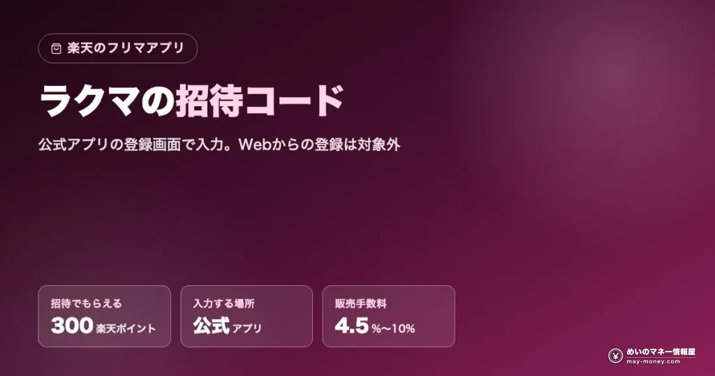ラクマの招待コード：新規登録で300楽天ポイント・公式アプリで入力・販売手数料4.5%〜10%