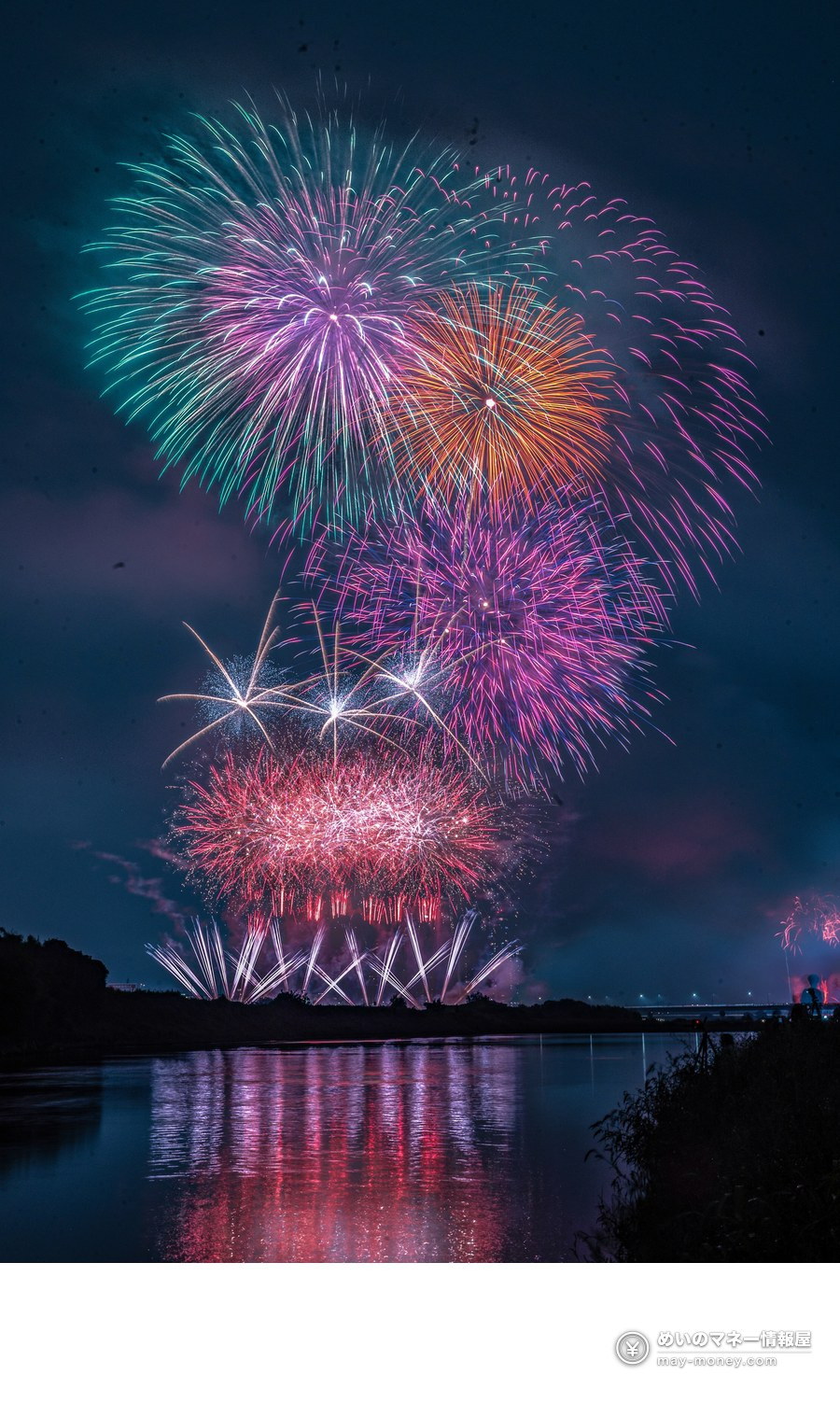 世田谷区たまがわ花火大会|穴場・有料席・帰り道まとめ 4 2025年写真投稿コンテスト最優秀賞「光の花束~玉川の夜に~」。多摩川の空に開く花火と川面の映り込み