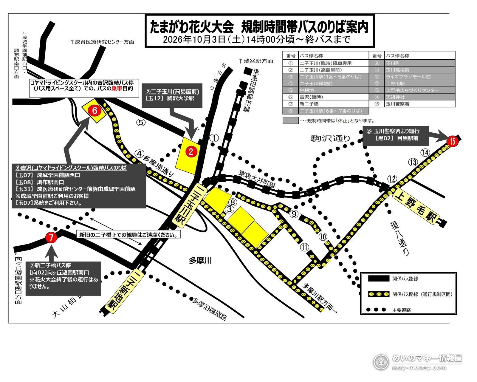 世田谷区たまがわ花火大会|穴場・有料席・帰り道まとめ 14 たまがわ花火大会 規制時間帯バスのりば案内(10月3日14時〜終バスまで)