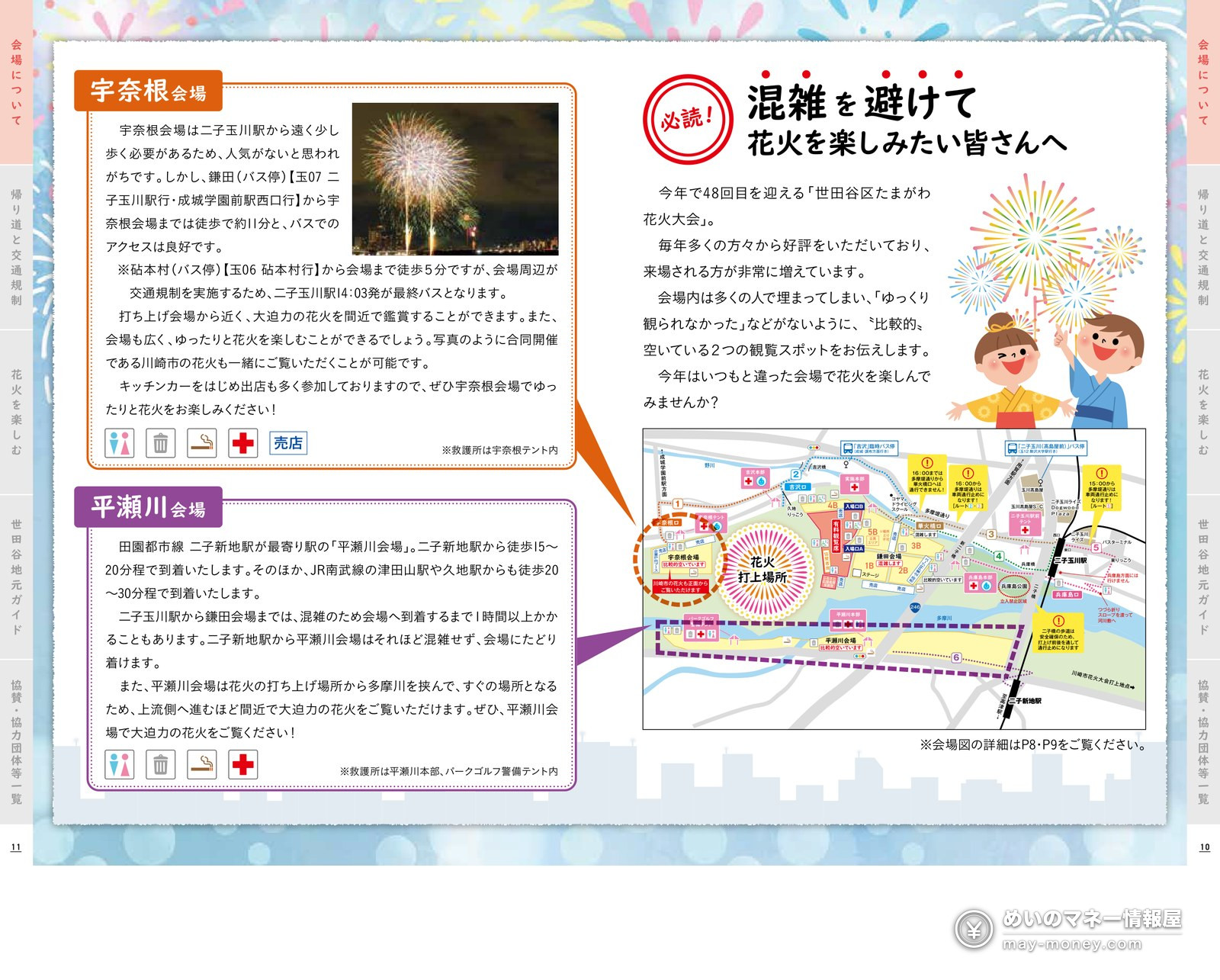 世田谷区たまがわ花火大会|穴場・有料席・帰り道まとめ 8 公式パンフレット「混雑を避けて花火を楽しみたい皆さんへ」。宇奈根会場と平瀬川会場の紹介と地図