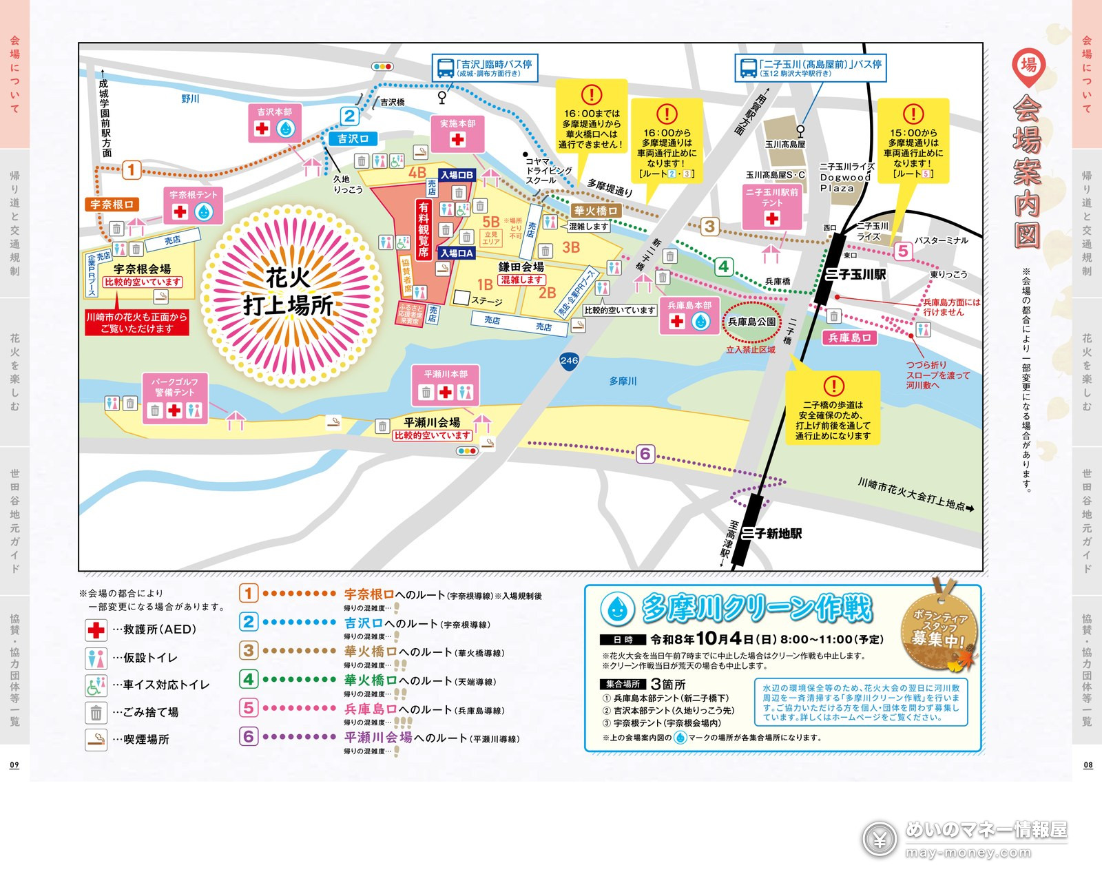 世田谷区たまがわ花火大会|穴場・有料席・帰り道まとめ 7 会場案内図。鎌田会場・宇奈根会場・平瀬川会場、有料観覧席と入場口A・B、救護所、トイレ、喫煙所の位置