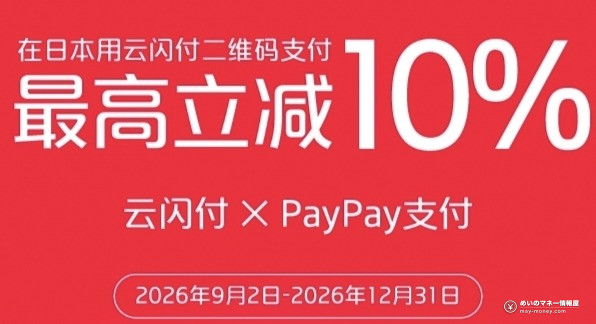 银联云闪付在日本二维码支付最高立减10%活动横幅，标注活动期间2026年9月2日至12月31日