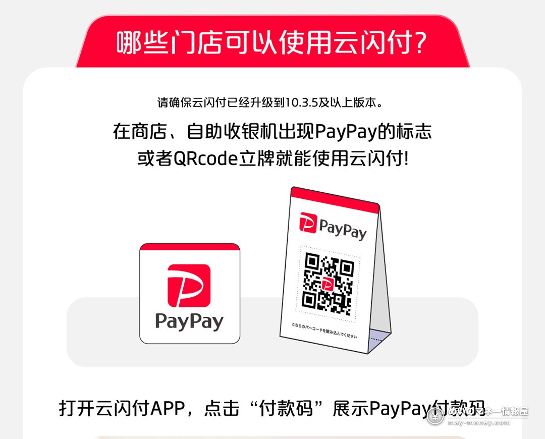 中国银联官方图示：店内或自助收银机出现PayPay标志或QRcode立牌就能使用云闪付，并提示需升级到10.3.5及以上版本