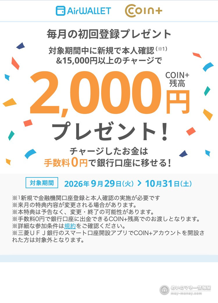 エアウォレット初回登録で2,000円|本人確認+15,000円チャージの条件と、AmazonでVisa20%還元の使い方 1 エアウォレット公式の告知「毎月の初回登録プレゼント」。対象期間中に新規で本人確認と15,000円以上のチャージをするとCOIN+残高2,000円をプレゼント。チャージしたお金は手数料0円で銀行口座に移せる。対象期間は2026年9月29日から10月31日