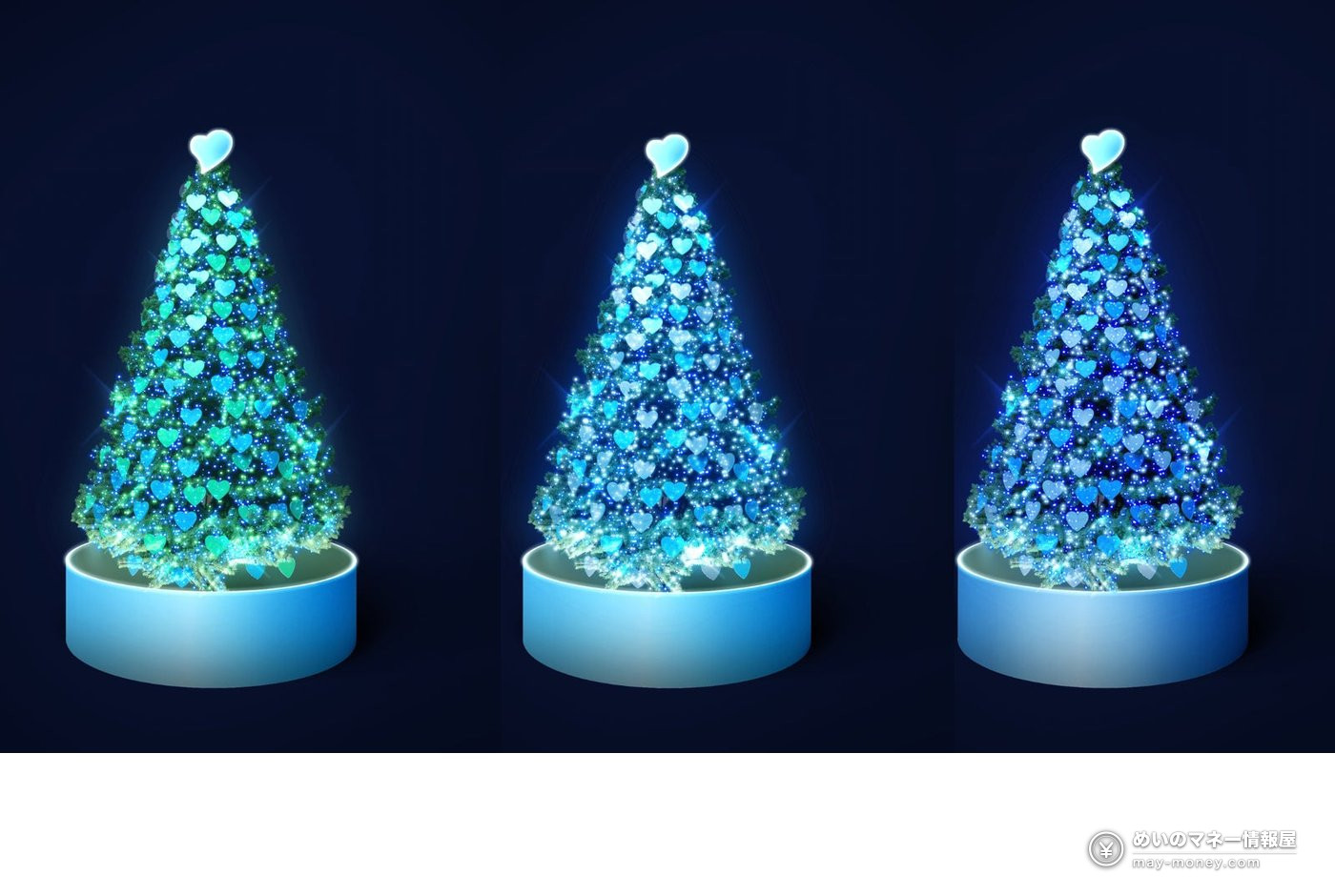Three Christmas trees glowing in shades of teal and blue, decorated with heart ornaments