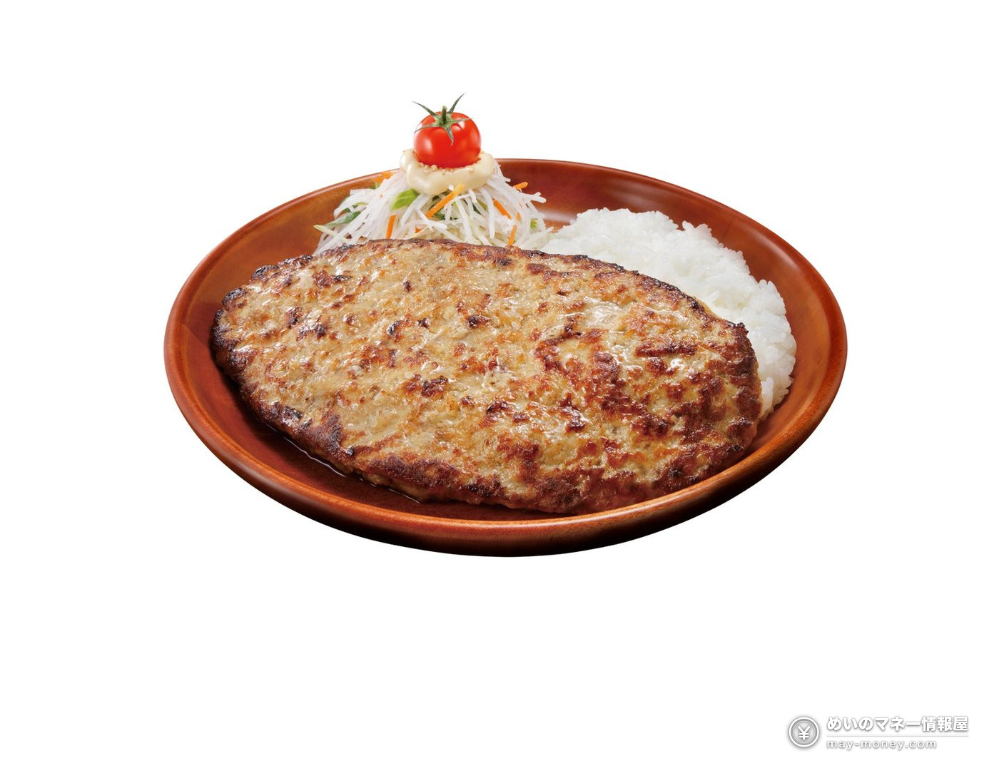 Bikkuri Donkey Gulliver Fair: 400g Burgers and a New Monster Dish From October 7 2 Gulliver Burg Dish with a large hamburg steak, rice and salad on a wooden plate