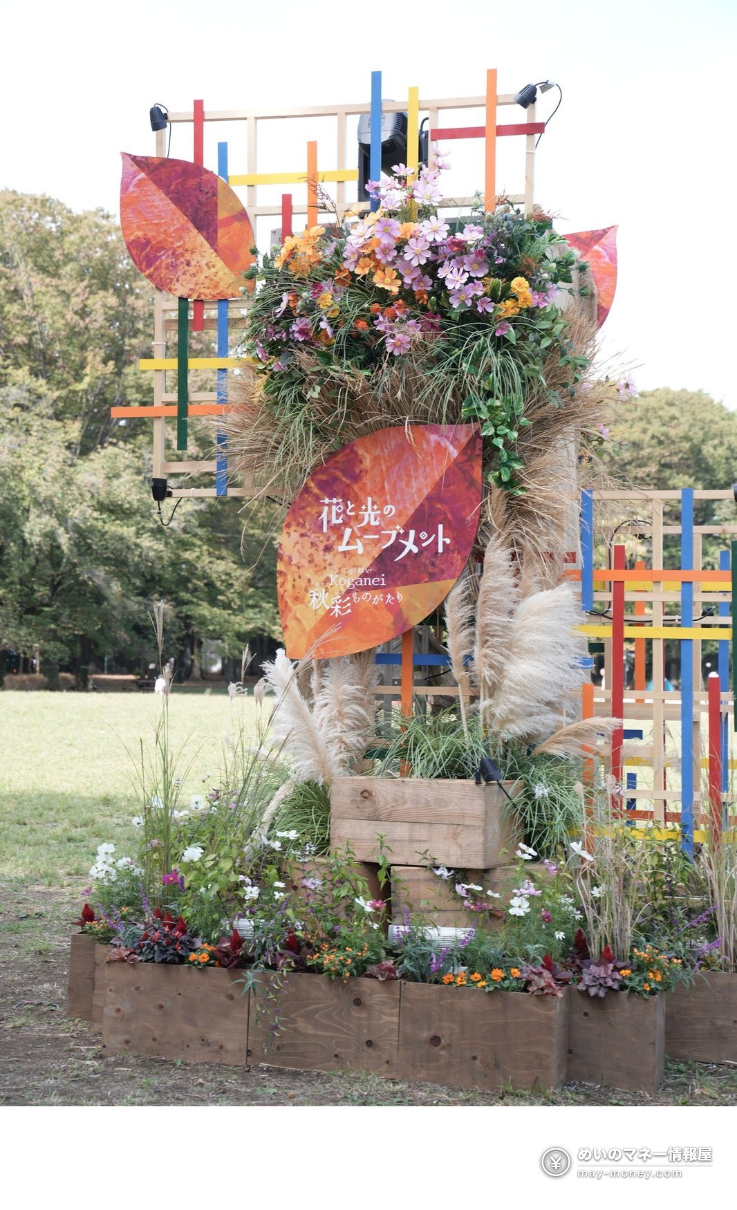Daytime wooden display decorated with flowers and dried grass in Koganei Park