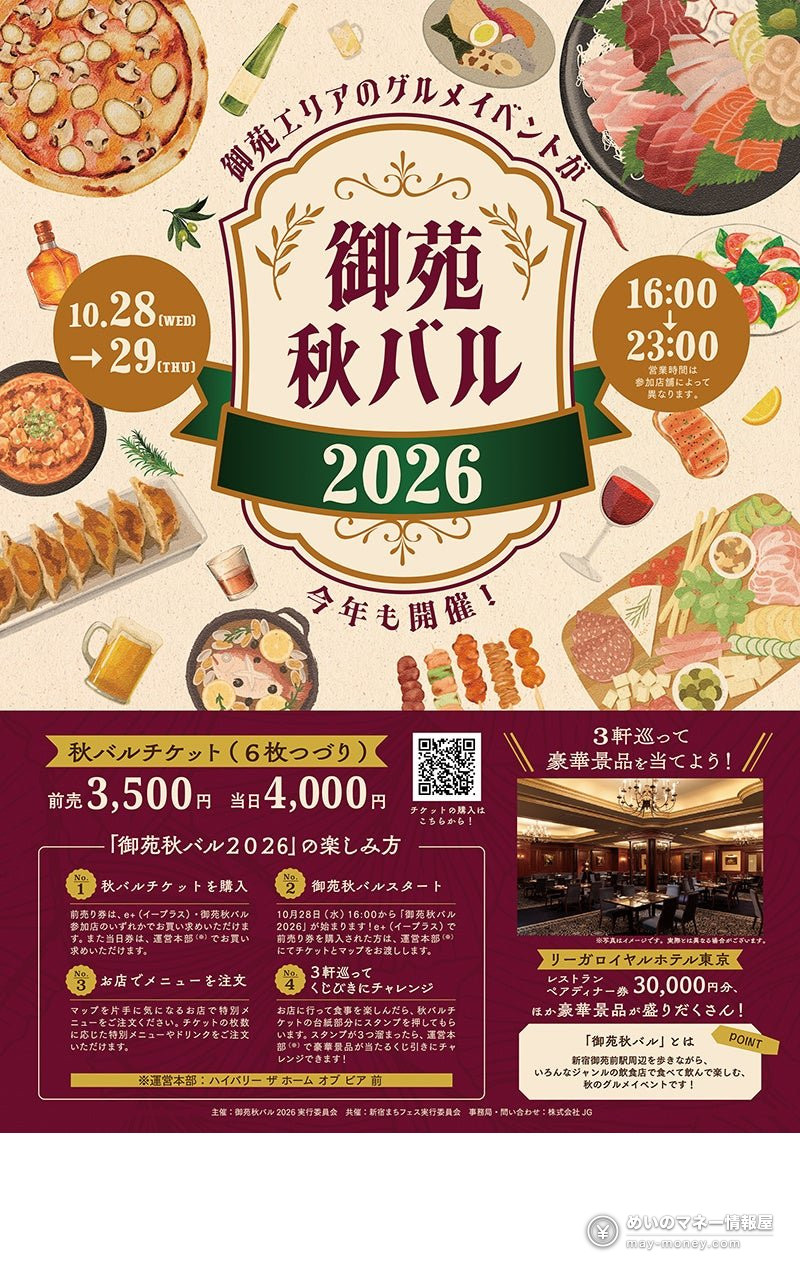 新宿街バルウィーク|4エリアの日程・チケット料金と福引き 3 御苑秋バルのポスター。ピザや刺身、餃子などの料理と10/28・29開催の文字