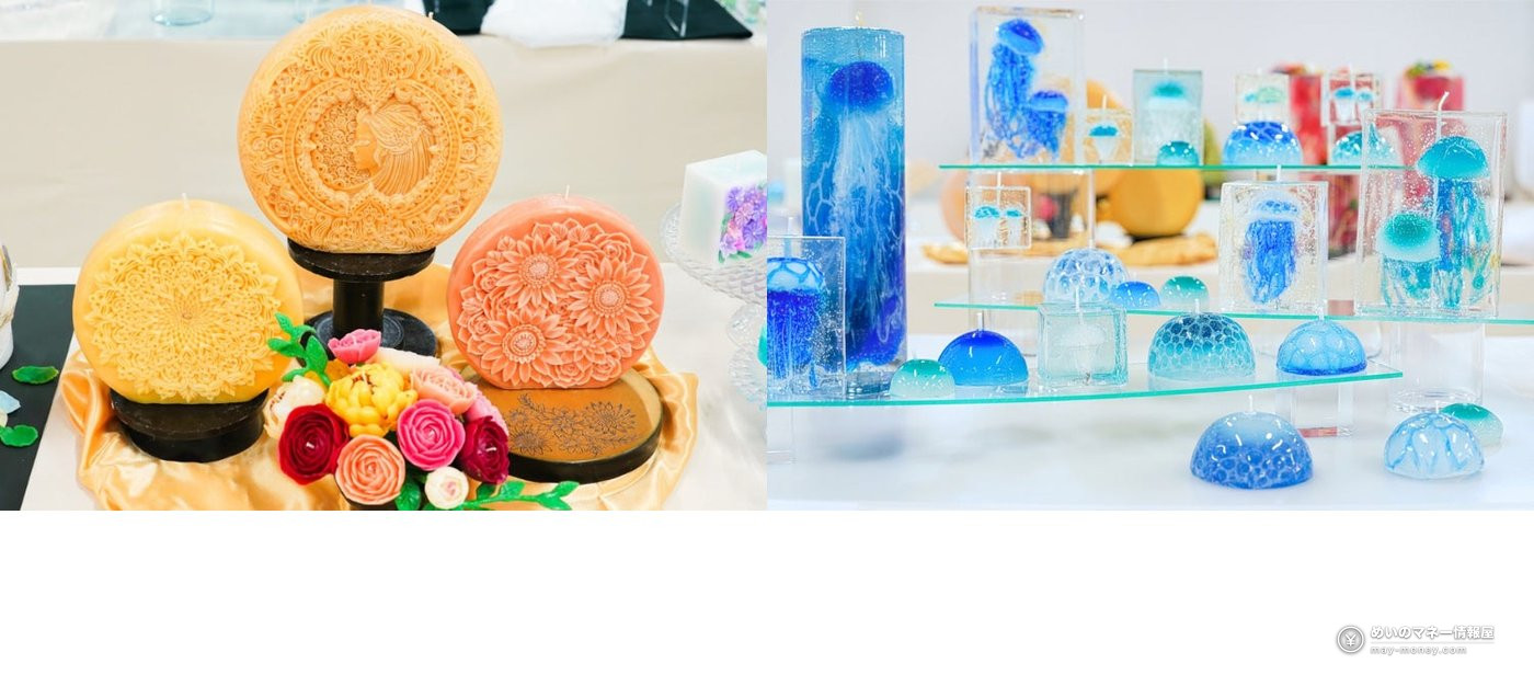 Tokyo Tower Candle Days: Free Candle Festival, Oct 23–25 4 Carved candles with flower patterns and a blue candle with jellyfish inside