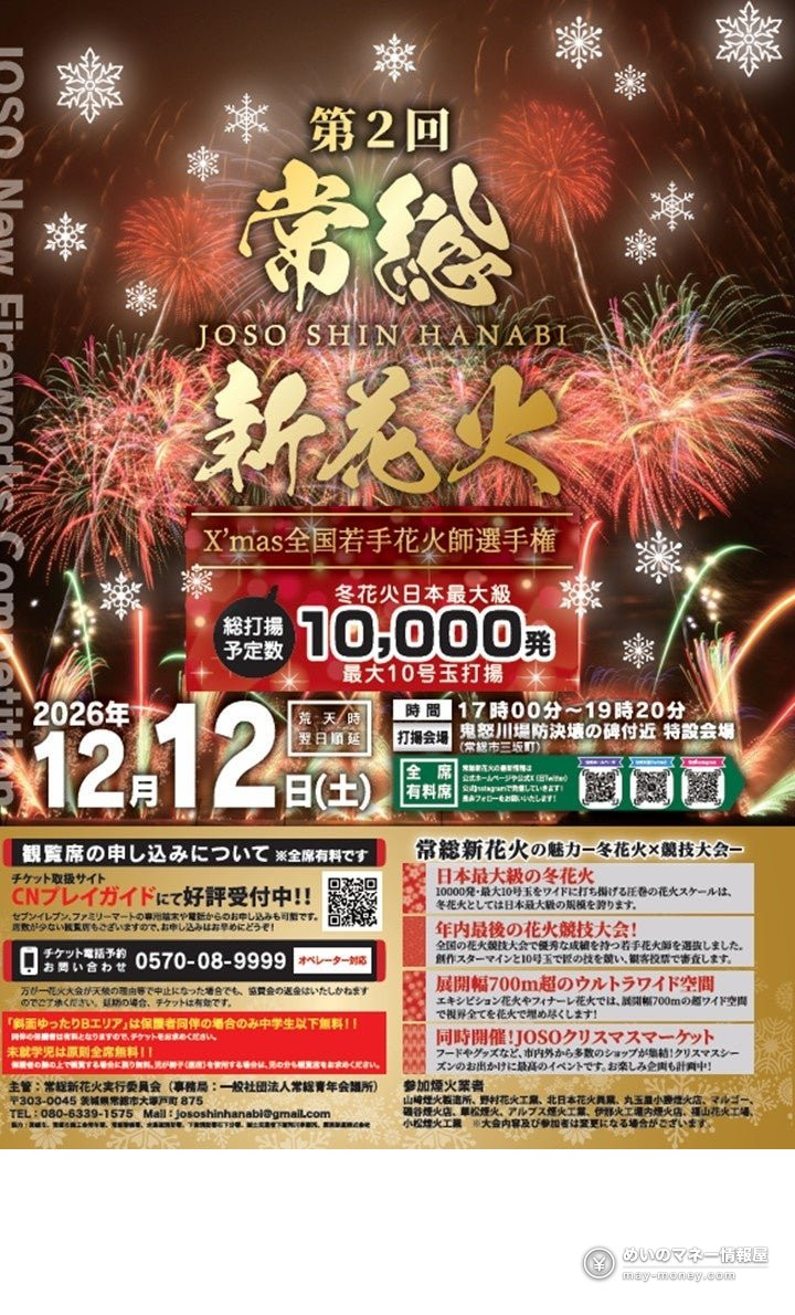 常総新花火|冬の1万発・観覧席の料金と見どころ 1 12月12日の開催と1万発予定を伝える常総新花火の告知ポスター