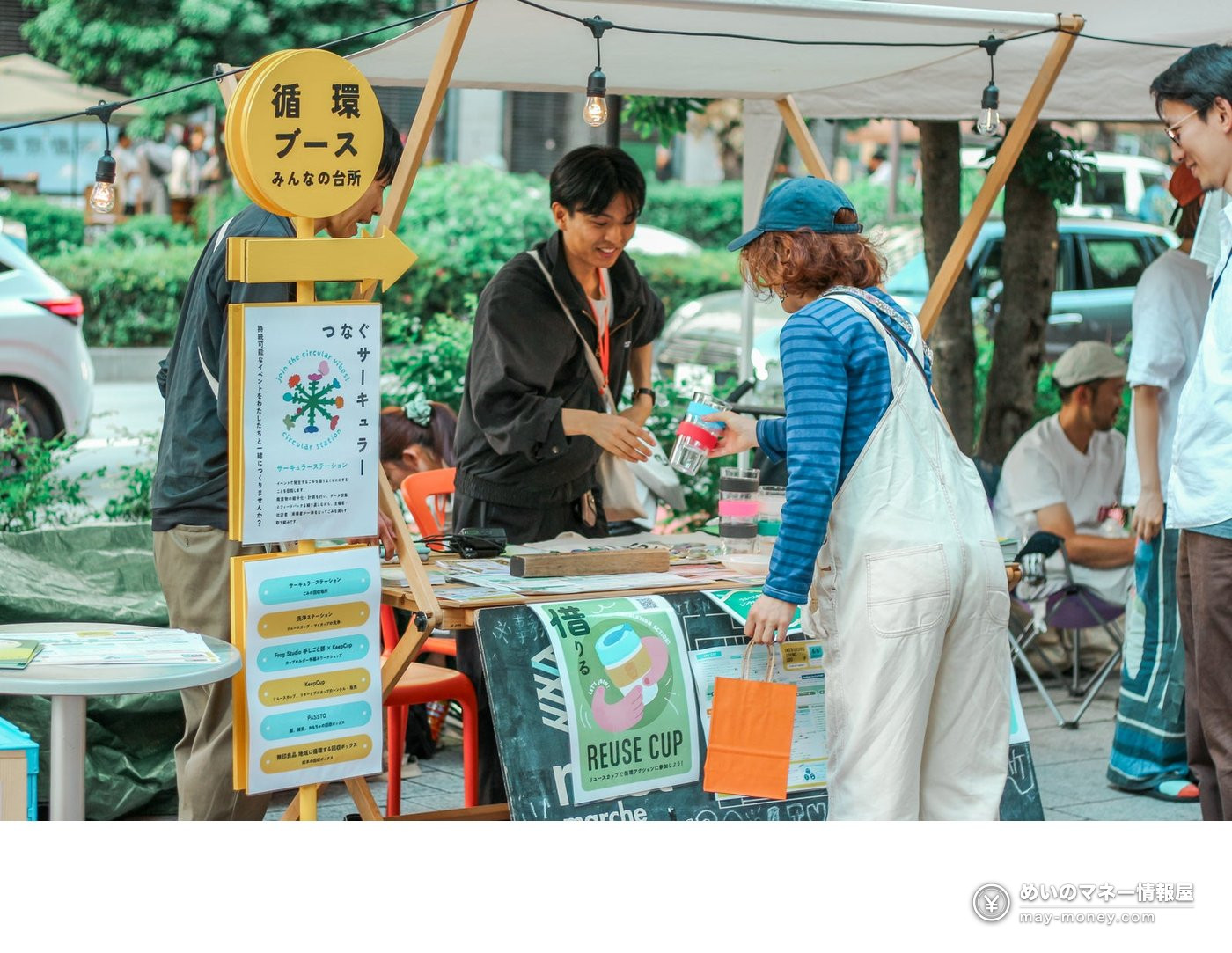 循环摊位上顾客领取可重复使用杯子，看板写着REUSE CUP
