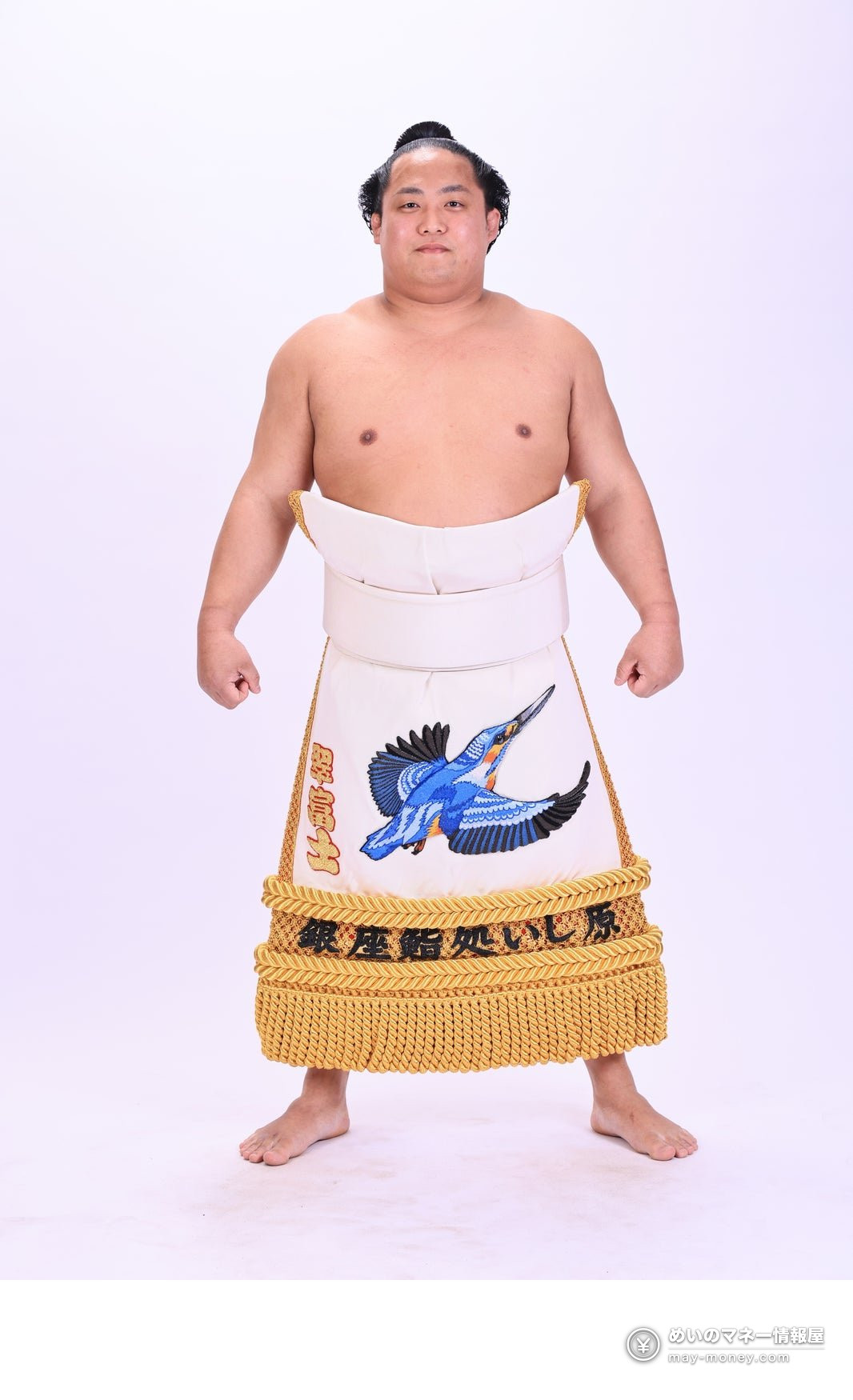A sumo wrestler standing in a ceremonial apron with a kingfisher design