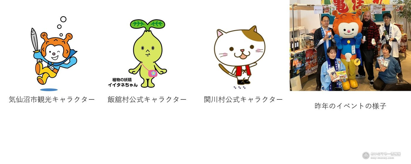 Illustrations of the three local mascots and visitors gathered around a mascot at last year's event