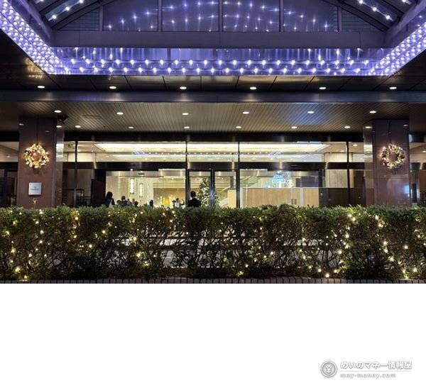 Hotel main entrance at dusk with illumination, a wreath and lights on the hedges