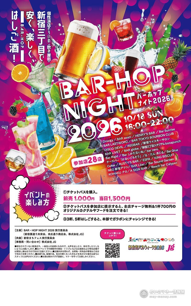 新宿街バルウィーク|4エリアの日程・チケット料金と福引き 2 BAR-HOP NIGHTのポスター。ビールやカクテル、果物が描かれ10/18開催の文字