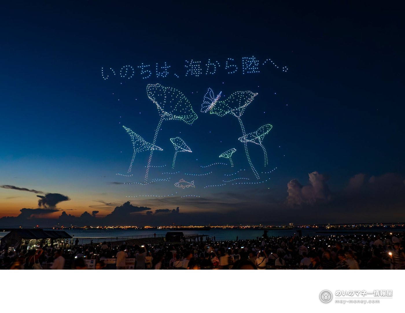 夕暮れの空にドローンで描かれた蓮の葉や魚と「いのちは、海から陸へ。」の文字（過去のドローンショーの例）