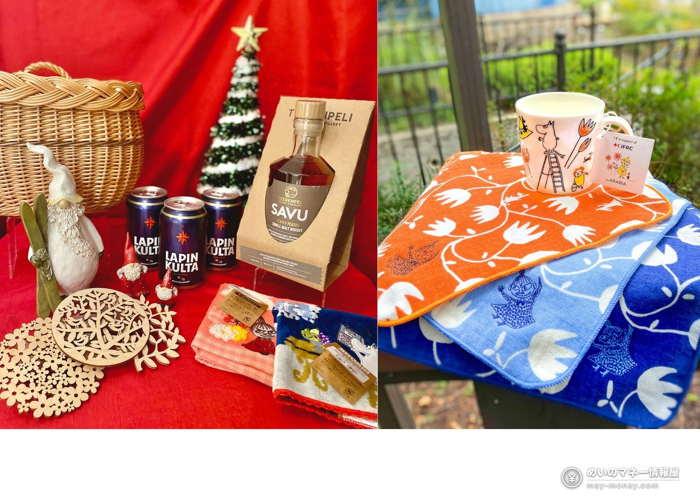 Whisky, canned beer, gnome figure, basket and Moomin mug and towels on red cloth