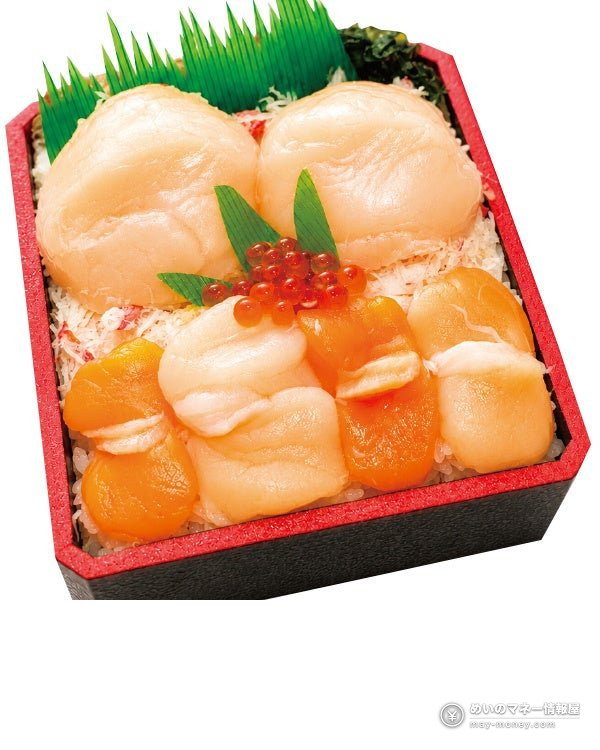 新宿高島屋大北海道展攻略|玉米和扇贝特集・约80家店,前后半限定美食整理(10/21〜11/3) 8 红色边框的便当盒里装着扇贝、鲑鱼子和海胆(宣传示意图)