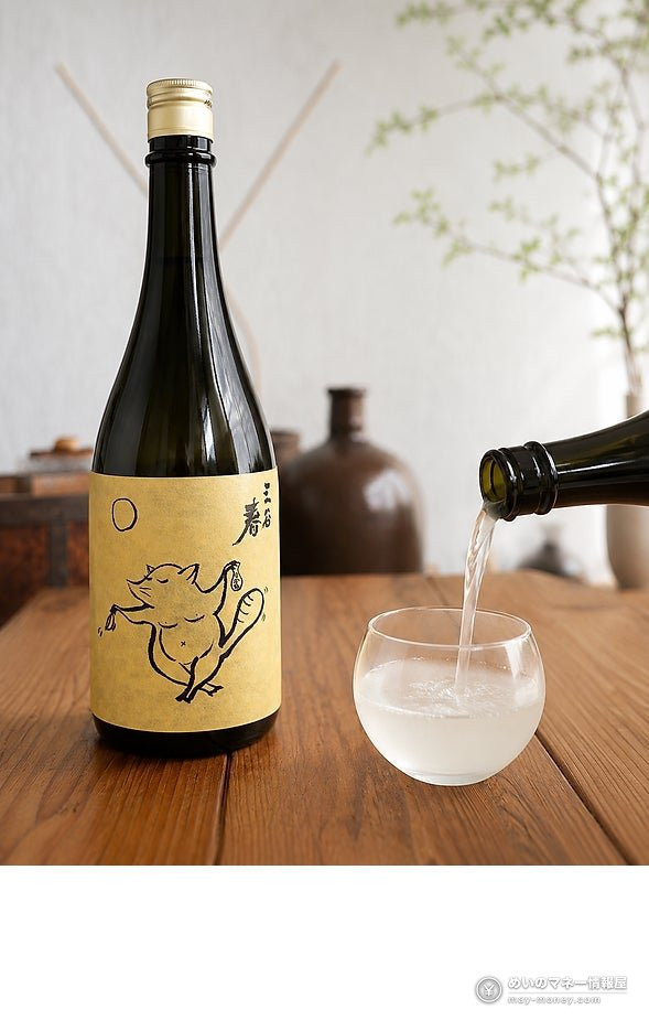 Sake Festival at Mitsui Outlet Park Kisarazu: 13 Breweries, Nov 1–3 4 A sake bottle with a yellow cat label next to a glass of cloudy sake being poured
