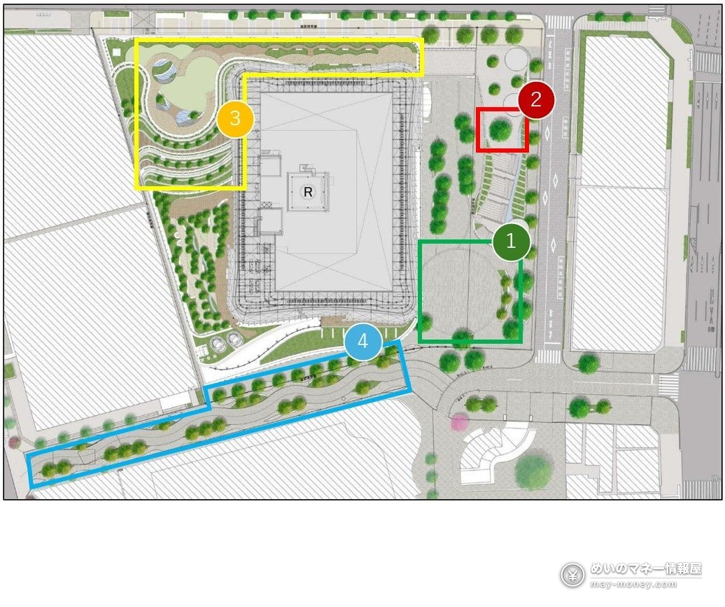 Overhead map of Tokyo Midtown Hibiya and its gardens with illumination areas 1 to 4 outlined in color