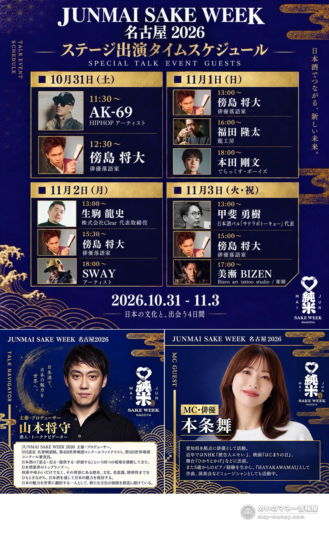 JUNMAI SAKE WEEK NAGOYA 2026のステージ出演スケジュールと出演者の写真