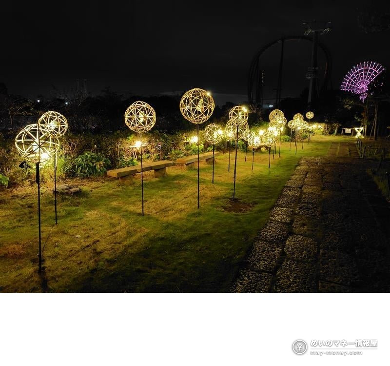 Round lanterns set out on a lawn at night, with a Ferris wheel in the background