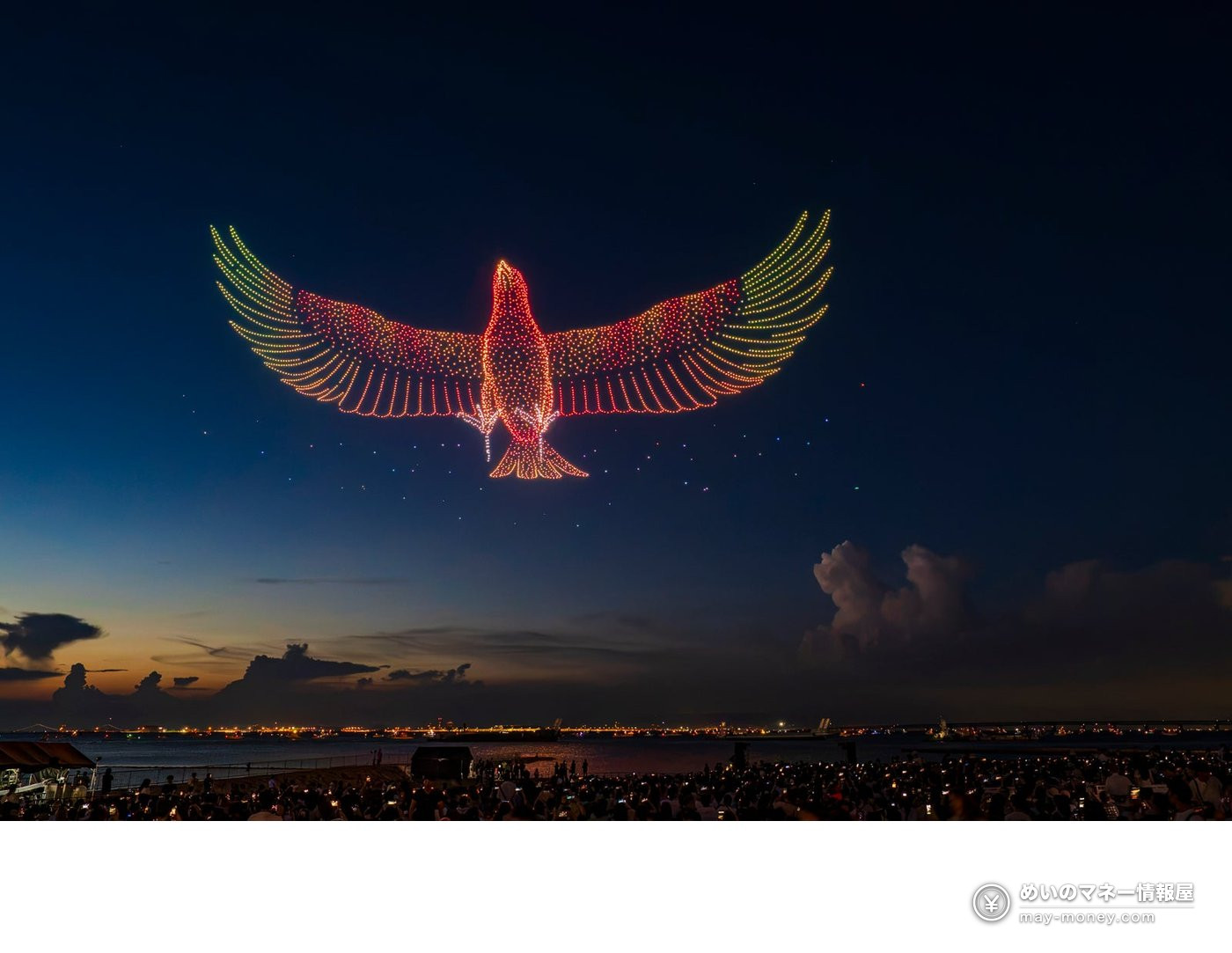 夕暮れの海辺の空にドローンで描かれた鳥の光の絵（過去のドローンショーの例）