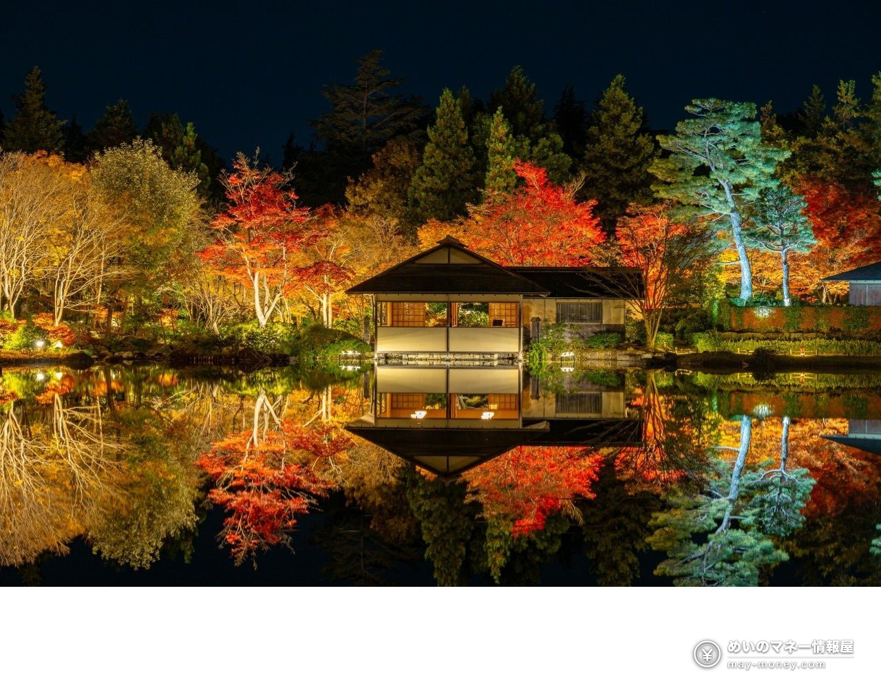 Showa Kinen Park Autumn Leaves Festival & Night Walk: Dates, Fees, Peak Times 7 Japanese-style building and autumn maples lit up at night by a pond