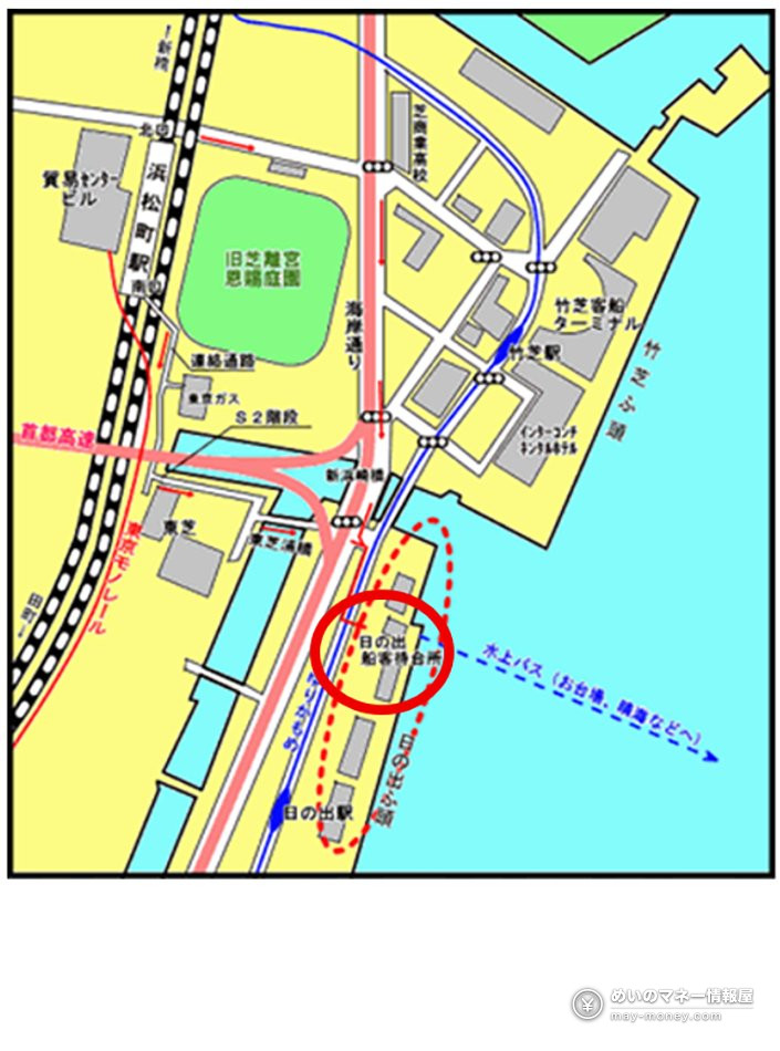 日の出桟橋周辺の地図で日の出船客待合所を赤丸で示した図
