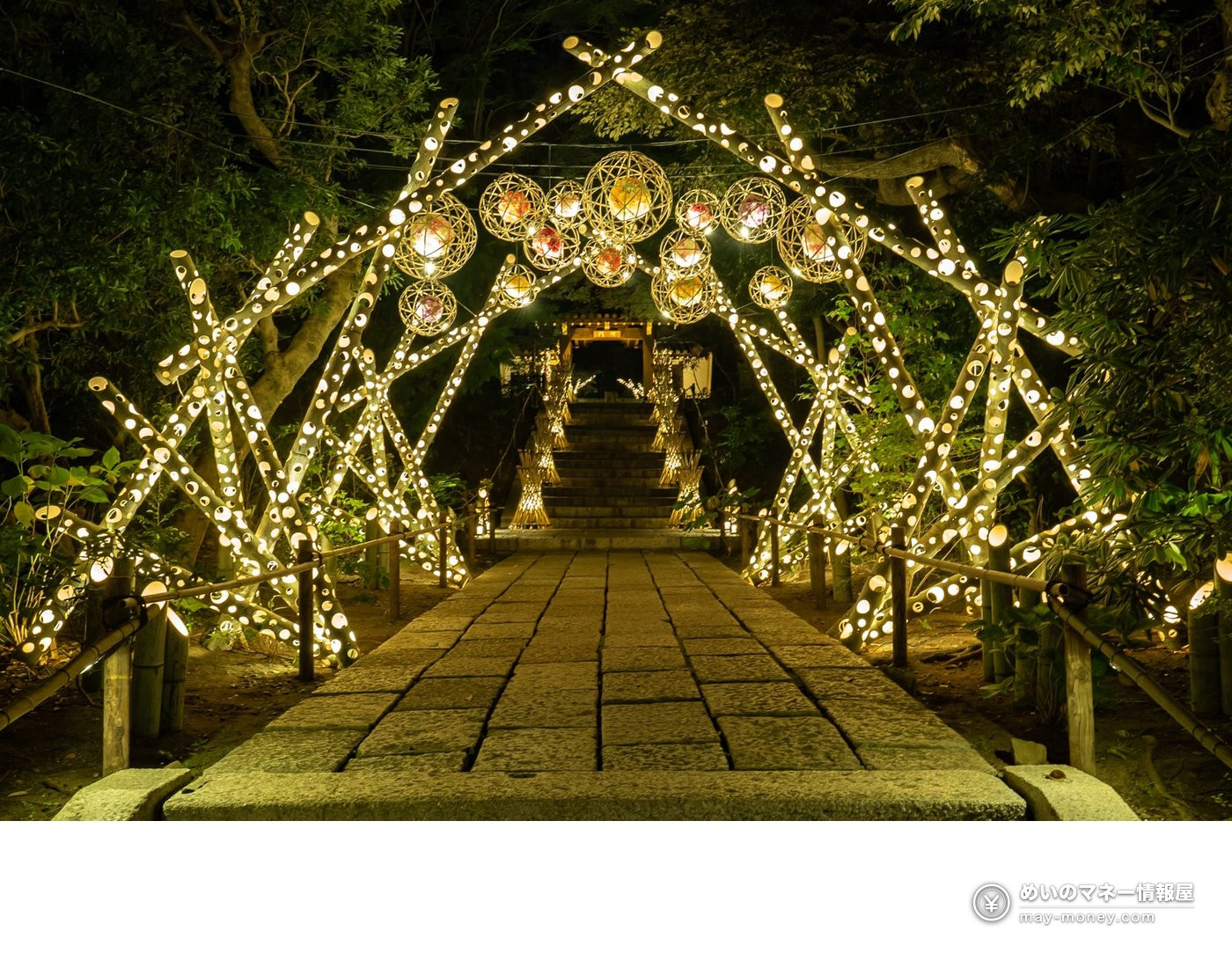 An arch of perforated bamboo and round lanterns over a stone path at night