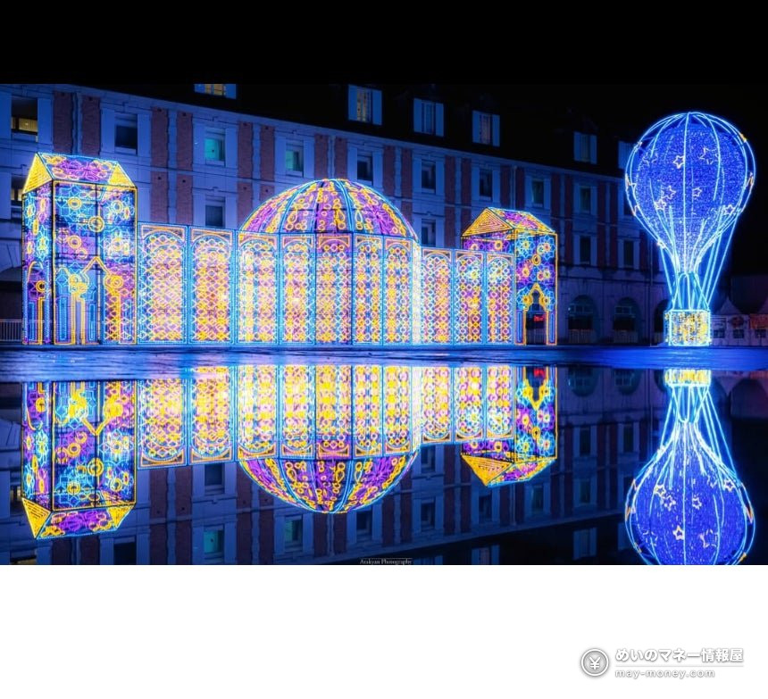 Colorful illuminated buildings and hot-air-balloon lights reflected on a pond
