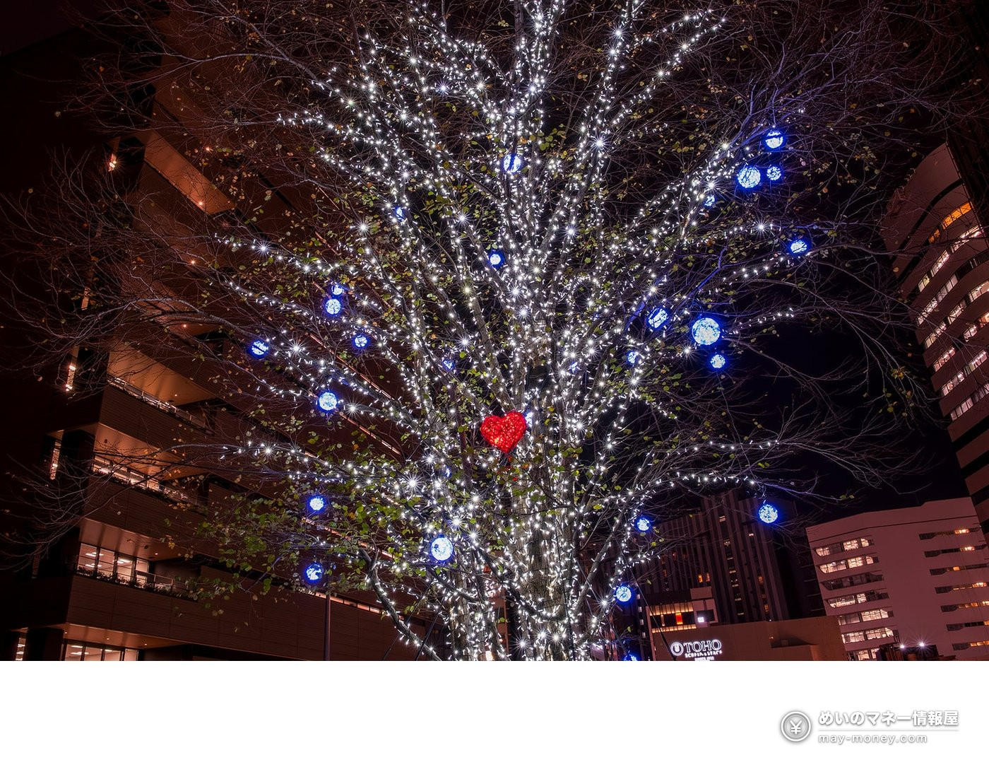 Tree decorated with white and blue lights and a red heart ornament in the center, at night