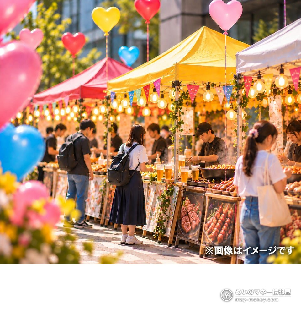 SMILE GARDEN 2026攻略|横滨站北西口10/25免费活动,美食・啦啦队・DJ时间表 2 用气球和灯泡装饰的摊位广场,有人在买啤酒(示意图)